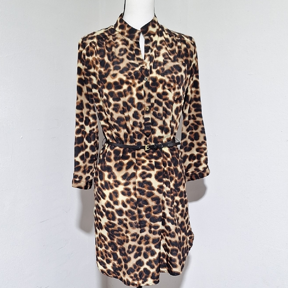 Kate Collection USA Leopard Print Belted V-Neck Button Roll-Tab Sleeve Tunic S